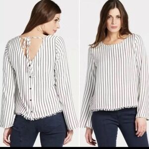 Cloth & Stone Womens Striped Blouse M Long Sleeve Tie Back Frayed Hem Casual Top